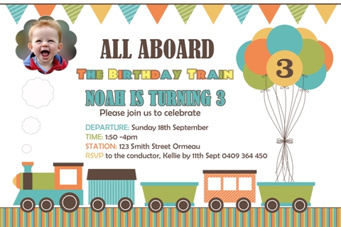 Train personalised photo birthday party invitations