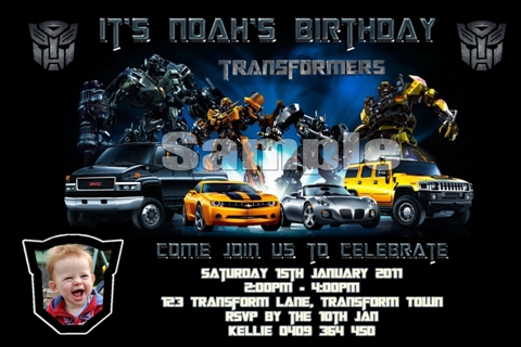 Transformers personalised photo birthday party invitations