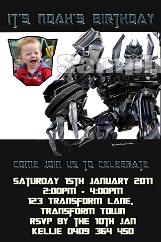 Transformers personalised photo birthday party invitations