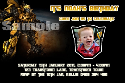 Transformers personalised photo birthday party invitations