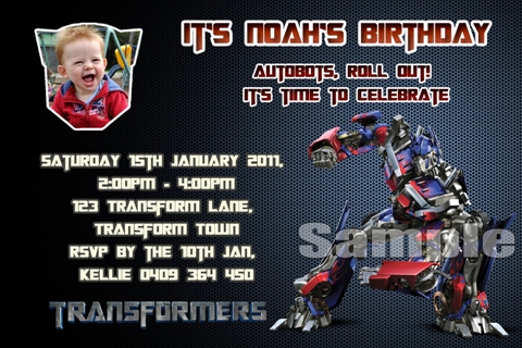 Transformers personalised photo birthday party invitations