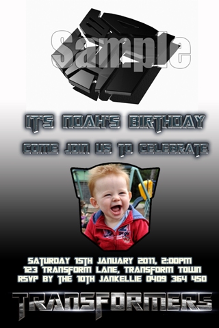 Transformers personalised photo birthday party invitations