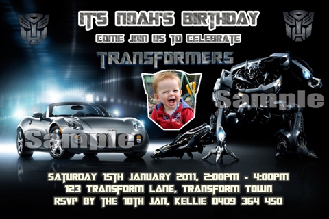 Transformers personalised photo birthday party invitations