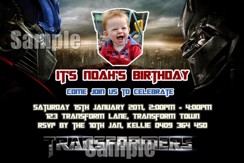 Transformers personalised photo birthday party invitations