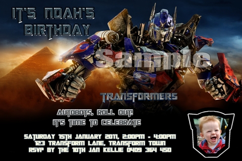 Transformers personalised photo birthday party invitations