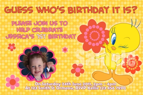 Tweety Bird personalised photo birthday party invitations