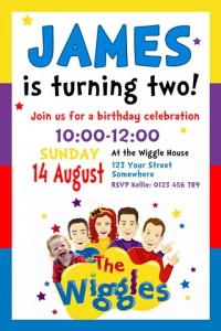 Wiggles red blue purple yellow personalised birthday party invitations