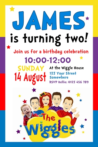 Wiggles red blue purple yellow personalised birthday party invitations