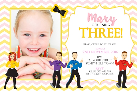 girls Wiggles birthday party invitation pink and yellow