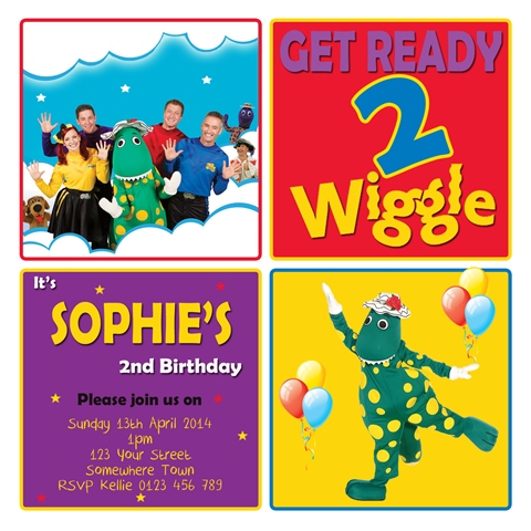 wiggles characters dorothy dinosaur red purple blue yellow birthday party invitation