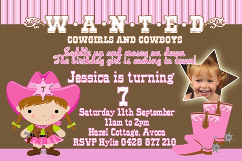 cowgirl personalised photo birthday party invitations