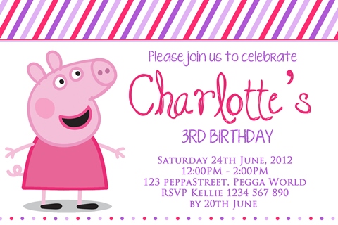 pink purple girls Peppa Pig birthday party invitations