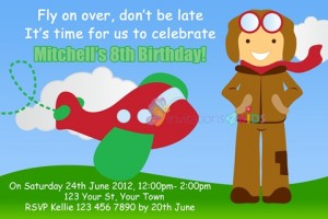 boys aeroplane airplane plane with pilot birthday party invitations and invites
