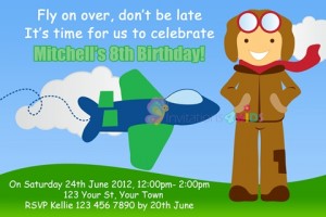 boys aeroplane airplane jet plane with pilot birthday party invitations and invites