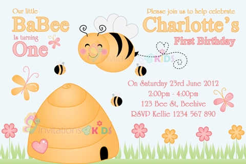 girls cute bee baby 1st first personalised birthday party baby shower invitation