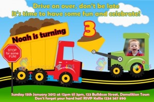 Building, dumptruck and construction personalised birthday party invitations invites