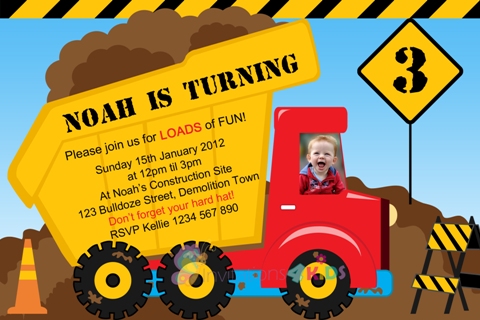 Building, dumptruck and construction personalised birthday party invitations invites