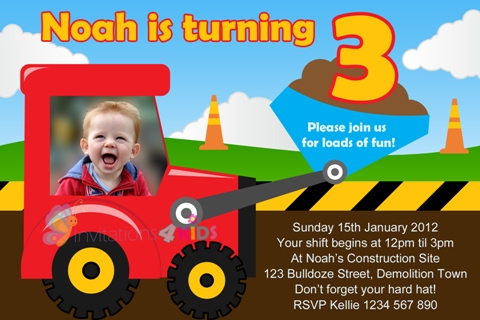 Building, dumptruck, tractor and construction personalised birthday party invitations invites