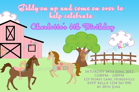 girls Personalised horse riding and pony field stable birthday party invitations
