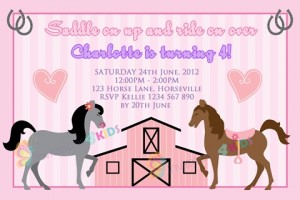 girls pink Personalised horse and pony saddle stable birthday party invitations
