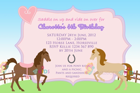 girls Personalised horse and pony birthday party invitations