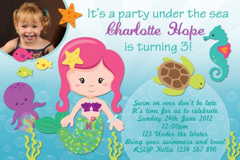 Mermaid and under the sea personalised birthday party invitation