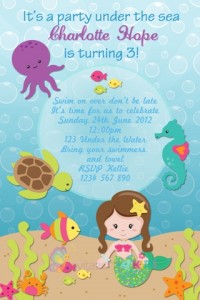 Mermaid and under the sea personalised birthday party invitation