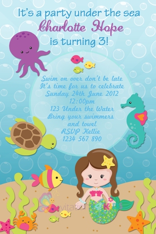 Mermaid and under the sea personalised birthday party invitation