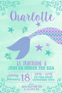 girls Mermaid Tail birthday party invitation invite purple