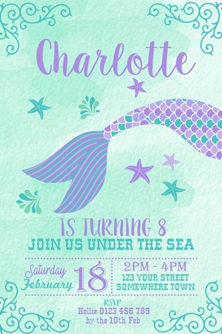 girls Mermaid Tail birthday party invitation