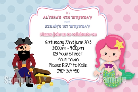 Pirate and Mermaid boys girls birthday party invitation