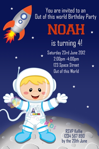 boys Personalised space and astronaut rocket birthday party invitations