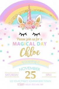 Girls rainbow unicorn face birthday party invite invitation