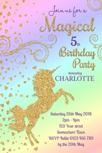 Unicorn magical glitter rainbow girls birthday party invitation