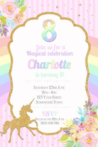 Unicorn magical floral rainbow girls birthday party invitation