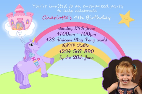 girls Personalised Unicorn rainbow castle birthday party invitations