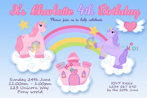 girls Personalised Unicorn rainbow birthday party invitations