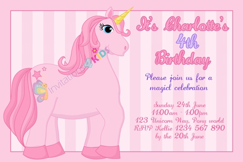 girls pink Personalised Unicorn birthday party invitations