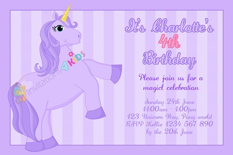 girls purple Personalised Unicorn birthday party invitations