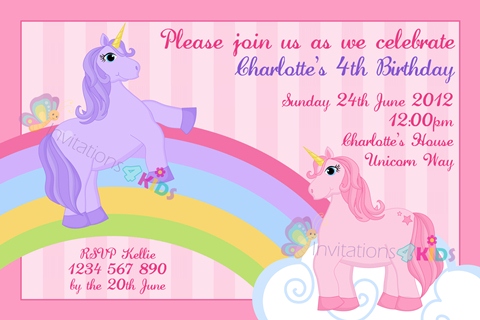 girls Personalised Unicorn rainbow birthday party invitations