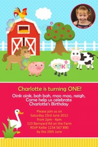 girls farmyard and barnyard animals personalised birthday party invitations