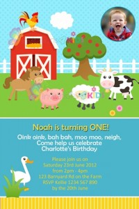 boys blue farmyard and barnyard animals personalised birthday party invitations