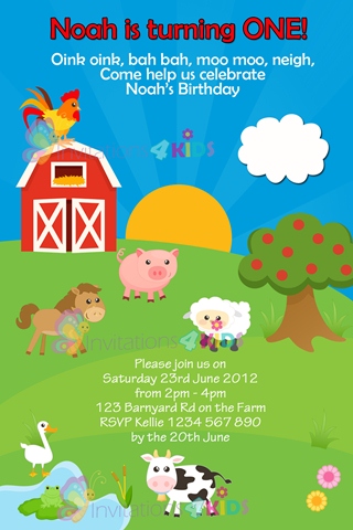 farmyard and barnyard animals personalised birthday party invitations
