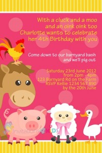girl pink farmyard and barnyard animals personalised 1st first birthday party invitations