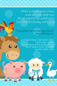 boys blue farmyard and barnyard animals personalised 1st first birthday party invitations
