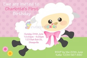 girls pink Personalised 1st first birthday party pink cute sheep invitations