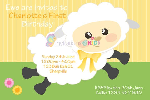 Personalised birthday party cute sheep first 1st girls birthday party invitations