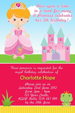 girls Princess castle pink frog personalised birthday party invitation