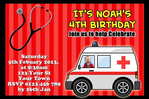 red Ambulance and medical emergency birthday invitations