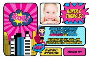 personalised girls Superhero personalised photo birthday party invitations invites